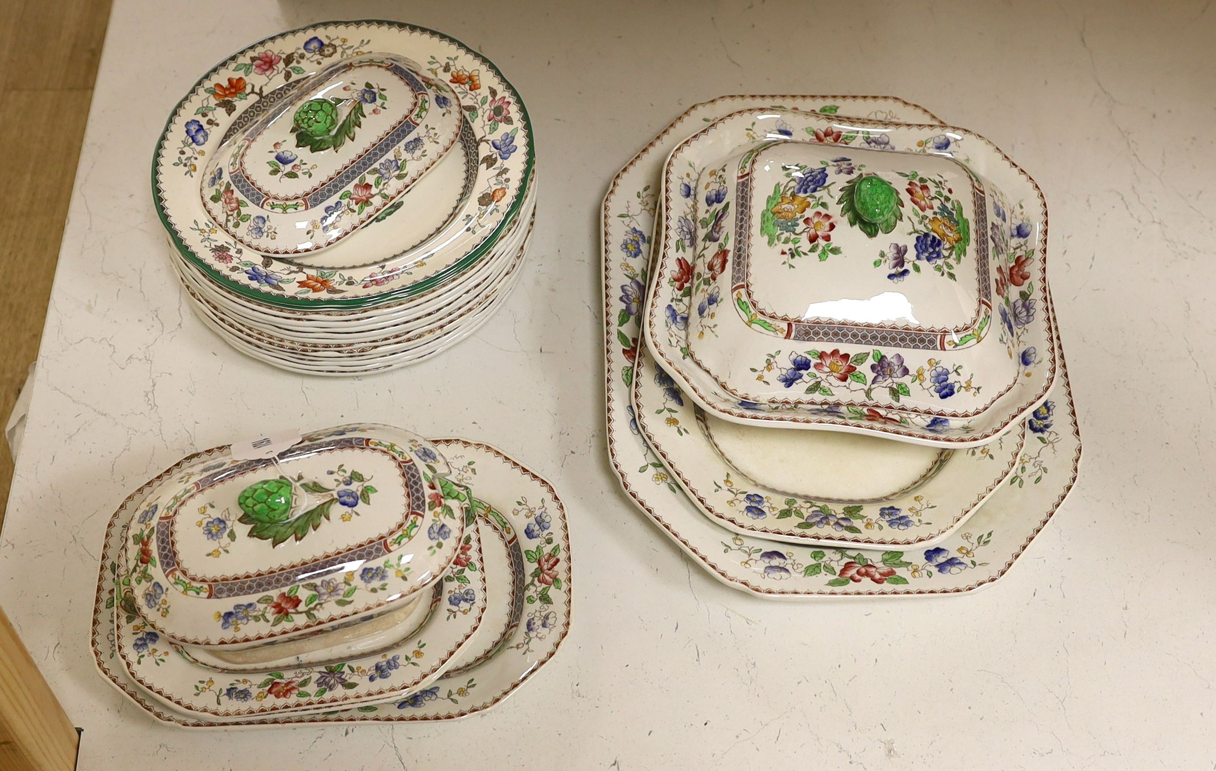 An early 20th century Copeland Spode floral part dinner service retailed by Waring and Gillow